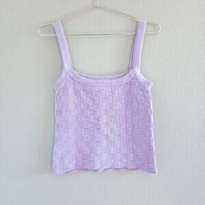Square Cotton Check Knit Crop Camisole Tank Top, Lavender Purple, Boho, Small